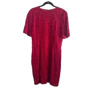 VINTAGE Made In India Heavily Beaded & Sequin Short Sleeve red 100% Silk Dress